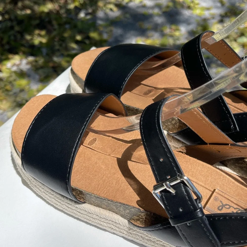Qupid Cancun Black Rafia Espadrille Cork Wedge Platform Sandal - Picture 9 of 12